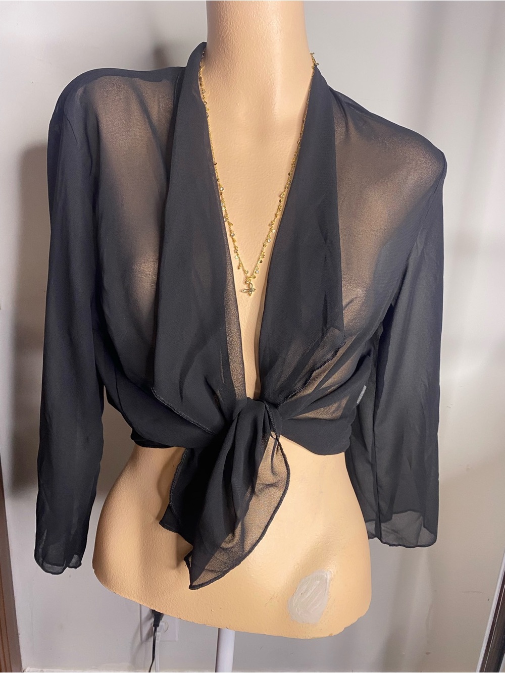 Sheer Tie-Front Black Blouse - Lightweight Chiffon